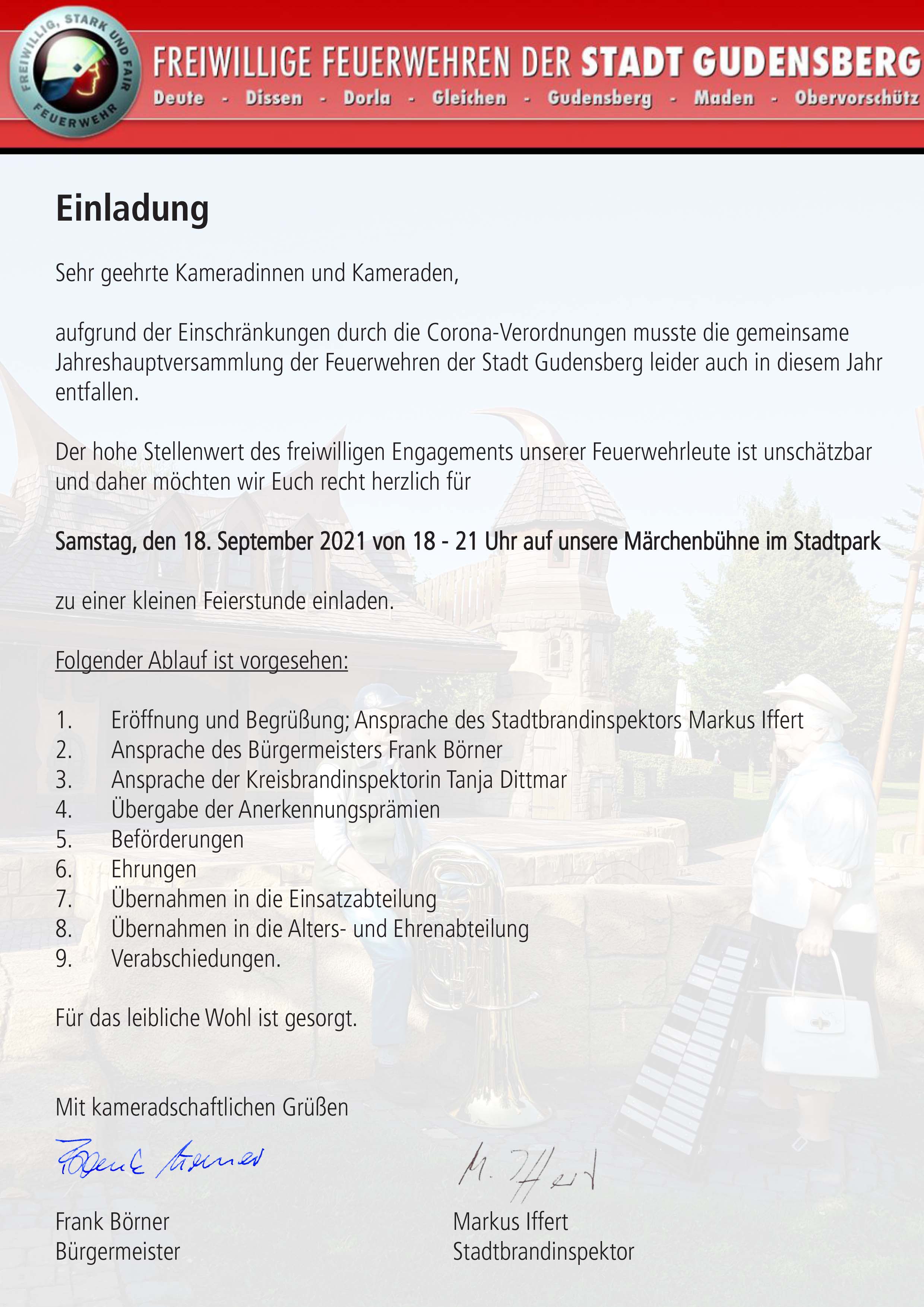 Feuerwehr Einladung altern. JHV 2021